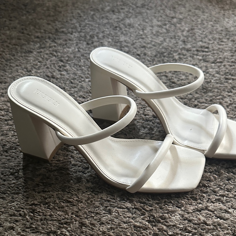 Forever 21 White Double-Strap Block Heel Sandals